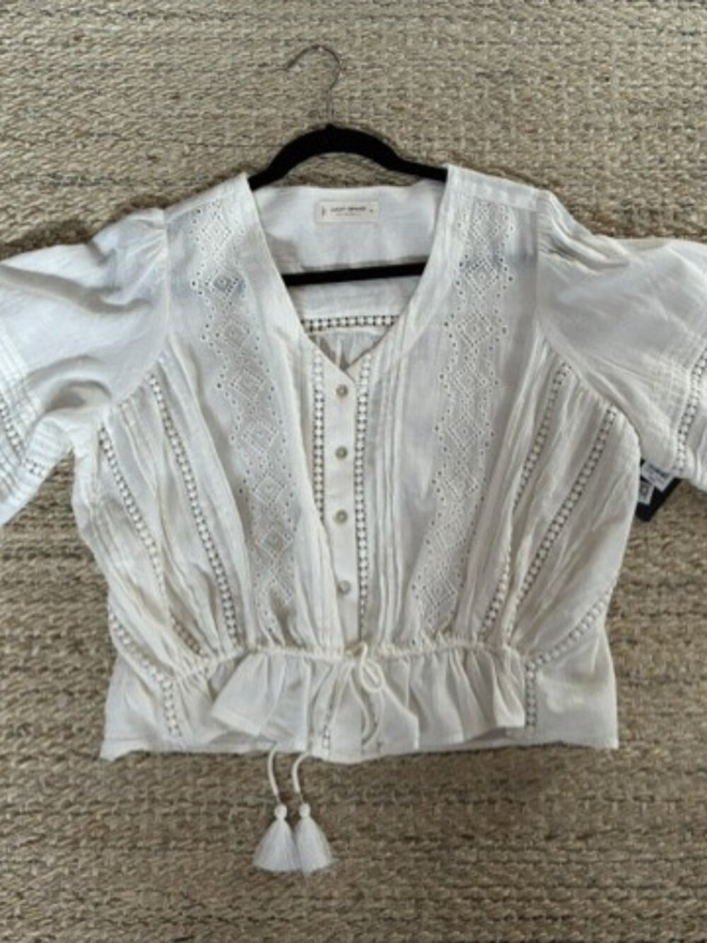 NWT Lucky Brand boho drawstring blouse cream eyelets womens size M 3/4 sleeve